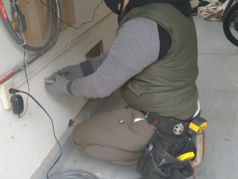Electrician performing outlet wiring in a Pleasant Garden garage